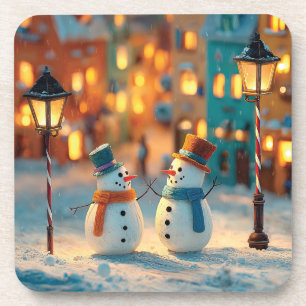 Posavasos Muñecos de nieve en un pueblo mágico y colorido de