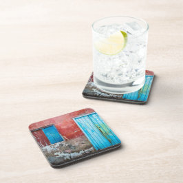 Posavasos Muro rojo, azul y gris, puerta y ventana