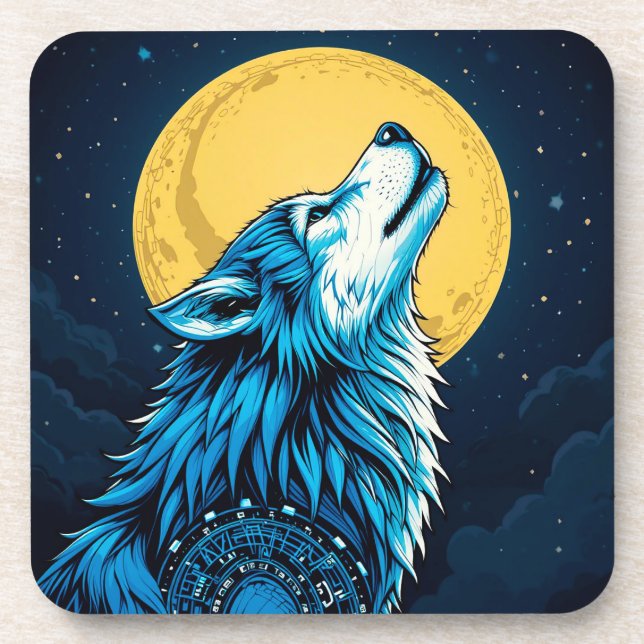 Posavasos Mystical Blue Wolf Howling en Luna Llena (Frente)