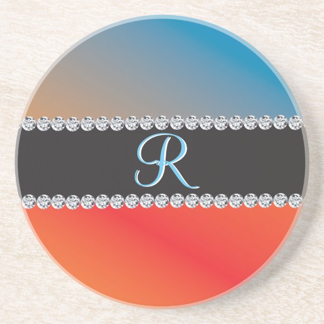 Posavasos Naranja azul Diamante negro 3d Monograma inicial (Frente)