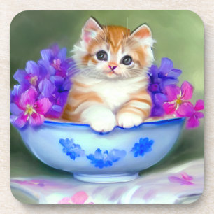 Posavasos Naranja de época y Ilustracion de gatito blanco