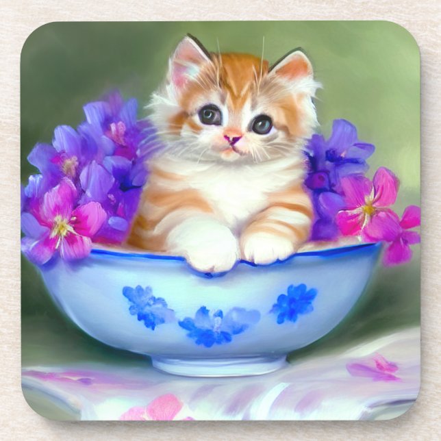 Posavasos Naranja de época y Ilustracion de gatito blanco (Frente)