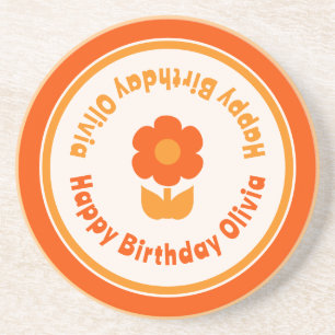 Posavasos Naranja de flores Cute Retro 70 Feliz cumpleaños