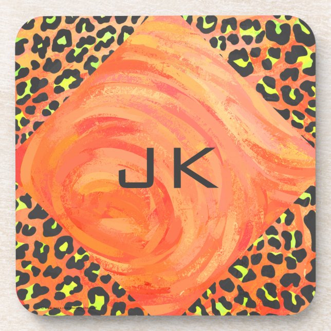 Posavasos Naranja de monograma leopardo e impresión amarilla (Frente)
