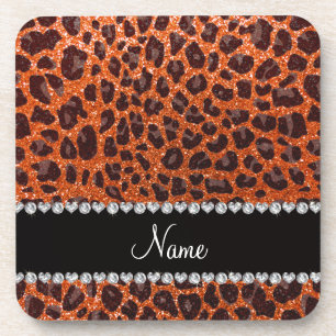 Posavasos Naranja de nombre personalizado purpurina leopardo