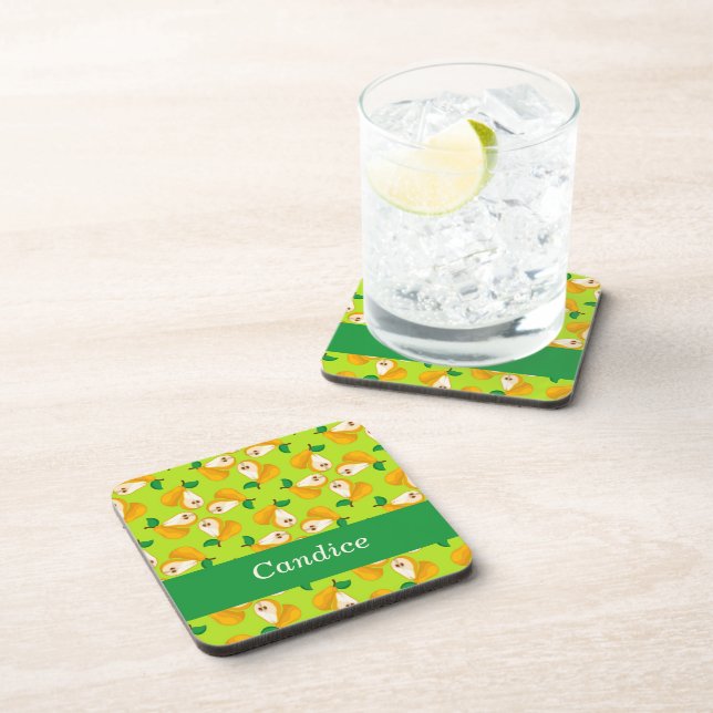 Posavasos Naranja de nombres personalizados peras en verde (Lado Derecho)