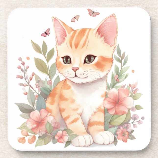 Posavasos Naranja dulce Tabby Kitten con Flores Acuarela (Frente)
