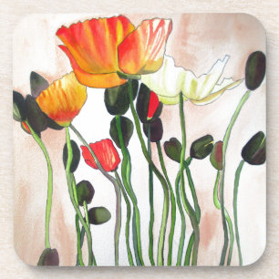 Posavasos Naranja Flores de adormidera pintura acuarela