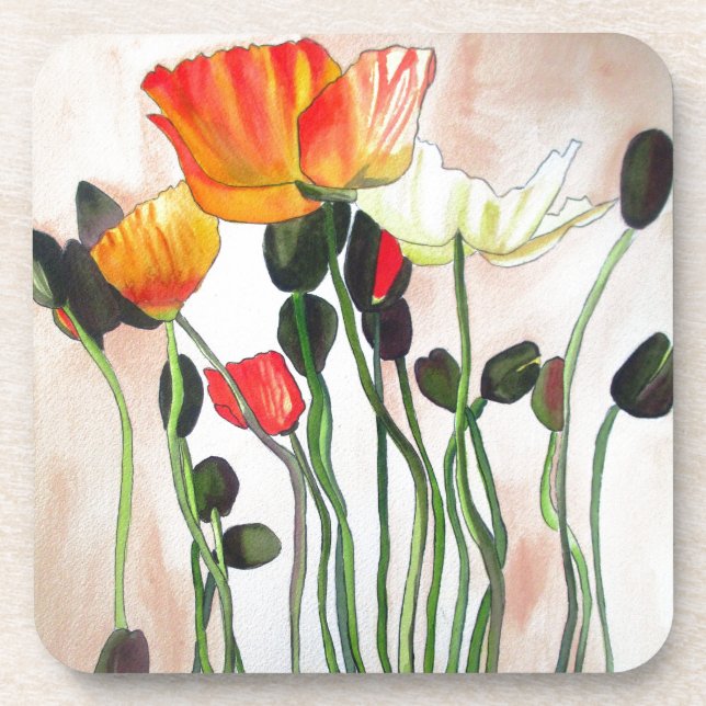 Posavasos Naranja Flores de adormidera pintura acuarela (Frente)