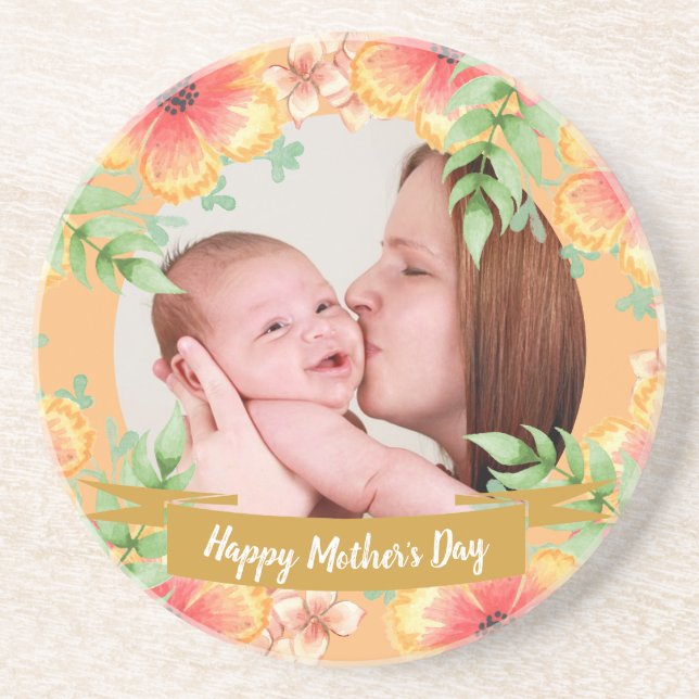 Posavasos Naranja Personalizado floral foto Día de la Madre (Frente)