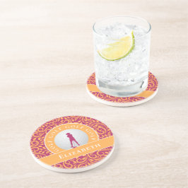 Posavasos Naranja rosado con nombre de silueta de golfer clá