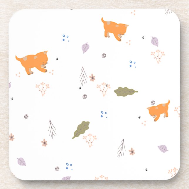 Posavasos Naranja Tabby y patrón de hojas (Frente)