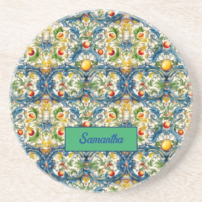 Posavasos Naranjas sicilianos mediterráneos majolica azul (Frente)