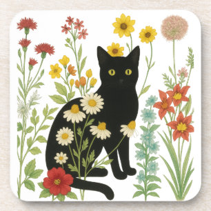 Posavasos Naturaleza botánica: gato negro en jardín de flore