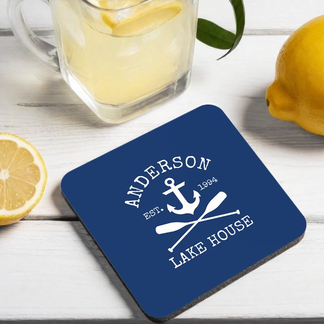 Posavasos Nautical Anchor Oars Naval Blue Family Lake House (Customize to change text size, style or background color.)