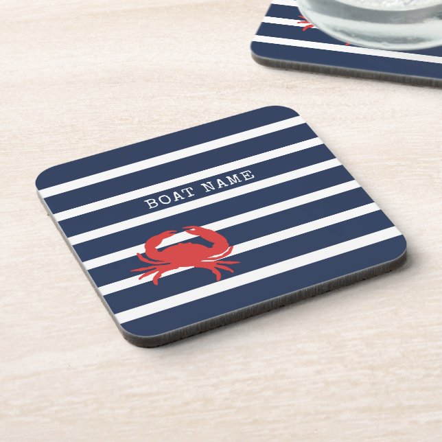 Posavasos Nautical Naval Blue Stripes Red Crab Nombre de bar (Lado Izquierdo)
