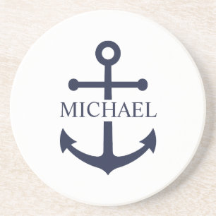 Posavasos Nautical Navy Blue Anchor Nombre Personalizado