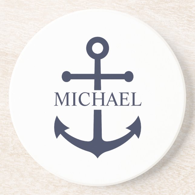 Posavasos Nautical Navy Blue Anchor Nombre Personalizado (Frente)