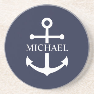 Posavasos Nautical Navy Blue Anchor Nombre Personalizado