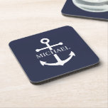 Posavasos Nautical Navy Blue Anchor Nombre Personalizado<br><div class="desc">Este regalo personalizado presenta un diseño de ancla blanca con un nombre personalizado en una fuente serif blanca clásica sobre fondo azul marino. Una cuidadosa idea de regalo náutico para la decoración de una casa de playa, regalo de padre para papá, gracias a los padrinos, o un regalo único para...</div>