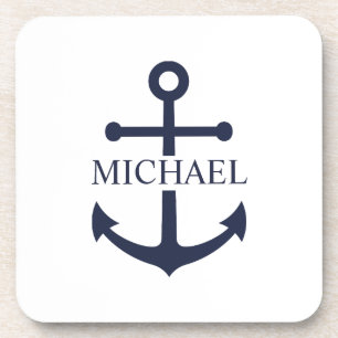 Posavasos Nautical Navy Blue Anchor Nombre Personalizado