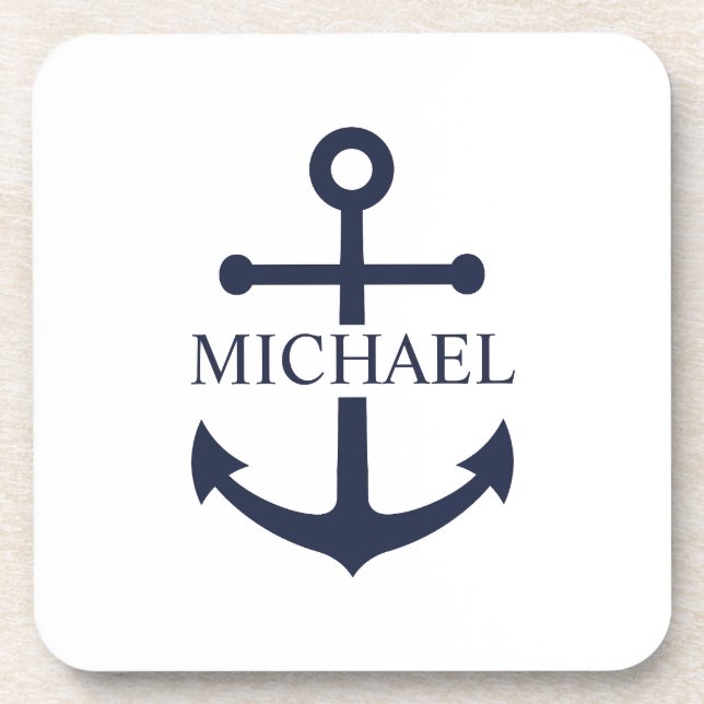 Posavasos Nautical Navy Blue Anchor Nombre Personalizado (Frente)