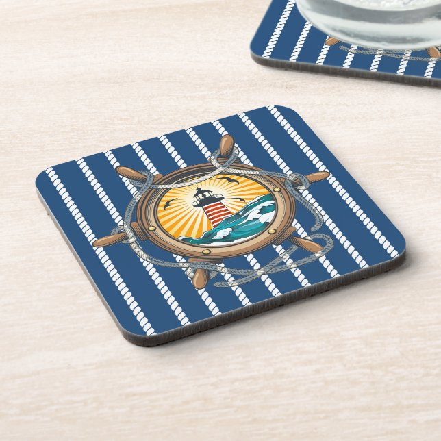 Posavasos Nautical Ropes & Boat Wheel Beverage Coaster (Lado Izquierdo)