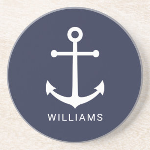 Posavasos Nautical White Anchor y nombre personalizado en az