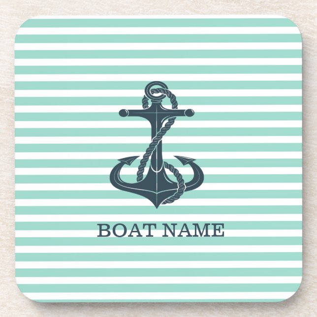 Posavasos Náutico,Ancla,Rayas Verde Menta (Frente)