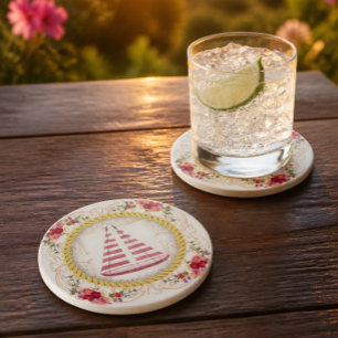 Posavasos Náutico de Barco de Vela y Rosa Floral