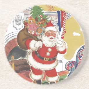 Posavasos Navidad Vintage, Alegre Santa Claus con Regalos