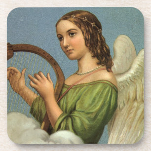Posavasos Navidad Vintage, Ángel Victoriano con Arpa de Músi