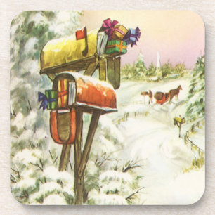 Posavasos Navidad Vintage, buzones en paisaje invernal