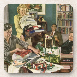 Posavasos Navidad Vintage, Familia Feliz envolviendo regalos