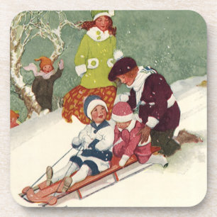 Posavasos Navidad vintage, niños descansando en la nieve