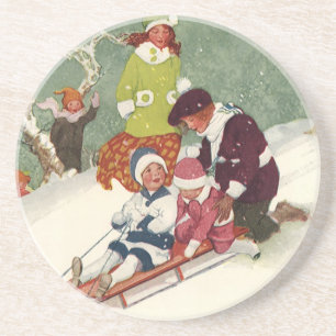 Posavasos Navidad Vintage, niños deslizándose en la nieve