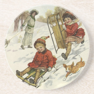 Posavasos Navidad Vintage, niños victorianos en trineo con p