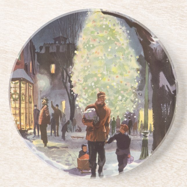Posavasos Navidad vintage, padre comprando con los niños (Frente)