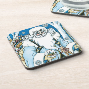 Posavasos Navidad Vintage, Santa Claus azul con Bola de Niev
