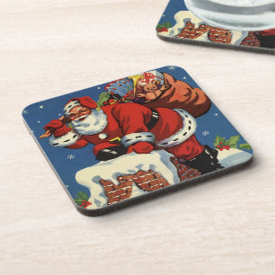 Posavasos Navidad Vintage, Santa Claus bajando por la chimen