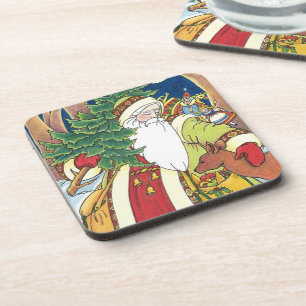 Posavasos Navidad Vintage, Santa Claus Ciervo en el Bosque