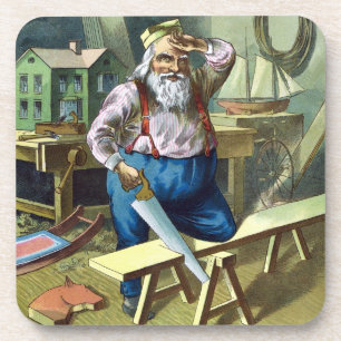 Posavasos Navidad Vintage, Santa Claus Construyendo Juguetes