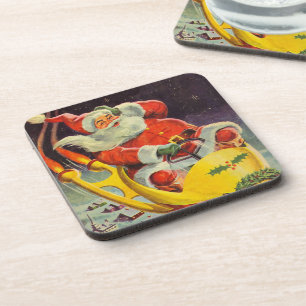 Posavasos Navidad Vintage, Santa Claus en una nave espacial
