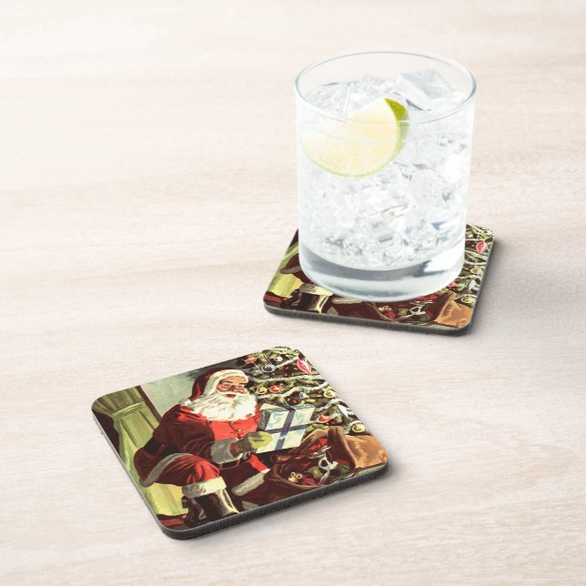 Posavasos Navidad vintage, Santa Claus retro con regalos (Lado Derecho)