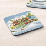 Posavasos Navidad vintage, Santa Claus volando un avión<br><div class="desc">Ilustracion de época Feliz Navidad viaje y diseño de transporte con un alegre Santa Claus volando un avión de hélice a la antigua en el cielo con elfos, juguetes, muñecas, regalos envueltos y un árbol de Navidad en el ala. Están volando el avión antiguo a través de las nubes blancas...</div>