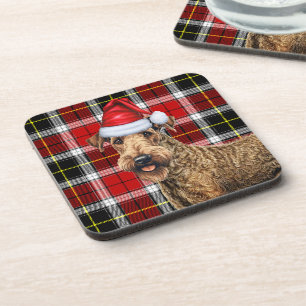 Posavasos Navidades Airedale Terrier Dog Vacaciones rojas cu