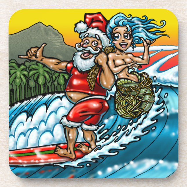 Posavasos Navidades Azules Ilustracion de Surf de Hawái (Frente)