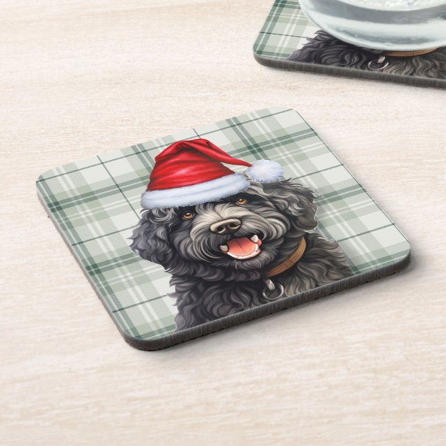 Posavasos Navidades Barbet Perro Green Plaid Holiday (Lado Izquierdo)