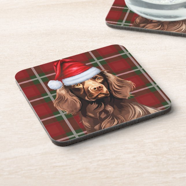 Posavasos Navidades Boykin Spaniel Dog Red Plaid Holiday (Lado Izquierdo)