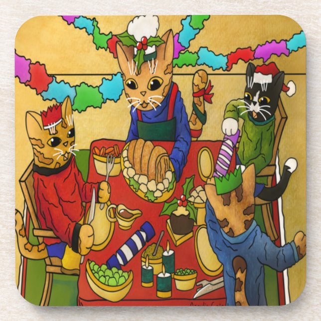 Posavasos Navidades británicos cenan gatos (Frente)